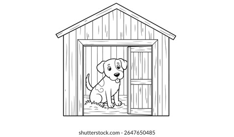 Colorir a cena da página com um personagem amigável do cão sentado pacientemente dentro de um cenário rústico do celeiro de madeira