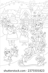 Coloring page. The scene near the house of Santa Claus. Under the evening sky stands Santa and Mrs. Santa, there are huge sleighs with presents and cute little elves. Vertical holiday illustration.