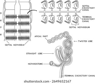 Página de coloração com esquema do sistema nefrídico septal da minhoca de Pheretima para a lição de biologia. Diagrama do sistema excretor da minhoca
