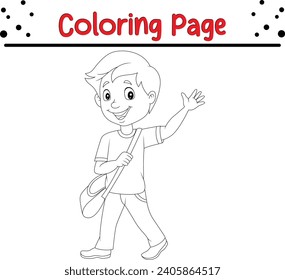 Coloring page school boy with backpack waving