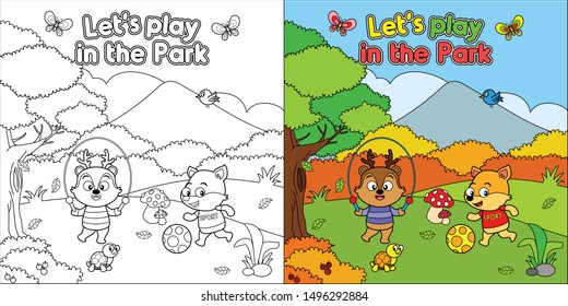 Coloring page school supply deer and fox playing in the park with turtle bird and butterfly