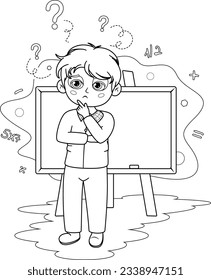 Coloring page. Schoolboy pondering at the Blackboard