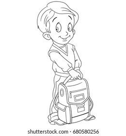 Coloring page of schoolboy with a school backpack. Colouring book for kids and children. Cartoon vector illustration.