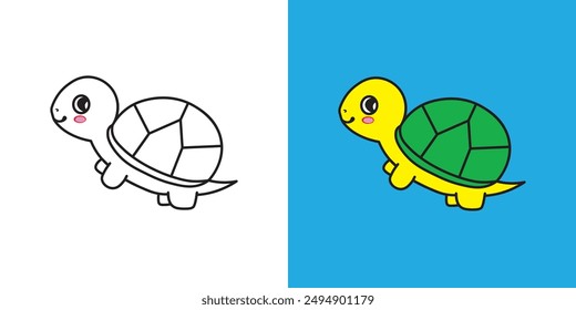 coloring page of sea animal turtle, children's coloring book. Coloring book with cute cartoon turtle images. Vector illustration with colored background.