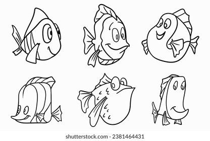 Coloring page with sea animals. Cute fish cartoon characters set. Set of isolated line hand drawn fish
Fish and wild marine animals in ocean. Sea world dwellers, cute underwater coral reef creatures