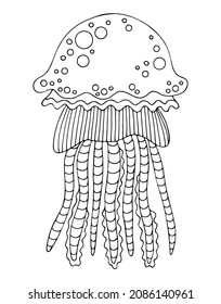 Coloring page sea jellyfish. Underwater inhabitant. Hand drawn vector thin line art illustration. Coloring book for children and adults.