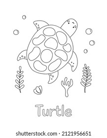 Coloring page with sea turtle, corals, shell and seaweeds. Cartoon doodle ocean animal. Black and white vector illustration.