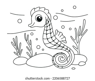 Coloring page seahorse. Сoloring book for kids. Cute vector illustration. Cartoon seahorse black and white illustration. Horizontal coloring page.