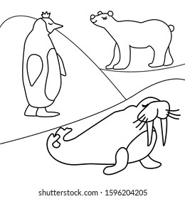 Coloring page. Seal, penguin and white bear on ice in a polar sea, black and white vector illustration in a cartoon style for a coloring book. 