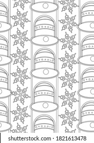 Coloring page as a seamless pattern with bells and snowflakes for anti stress meditation. Outline colorless vector stock illustration with christmas bells for antistress book