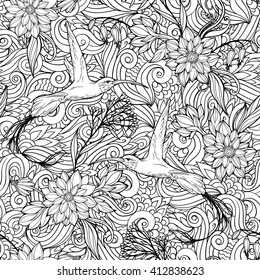 Coloring page with seamless pattern of flowers and hummingbirds.