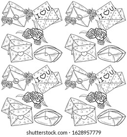 Coloring page, seamless pattern with letters or valentines on Valentines day or birthday. Hand drawn letter of love. Gift for February 14th. Love, romance, recognition. For cards, invitations