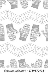 Coloring page or seamless pattern with mittens as Christmas anti stress therapy for adults. Outline or linear vector stock illustration with warm gloves for Christmas, winter and frost