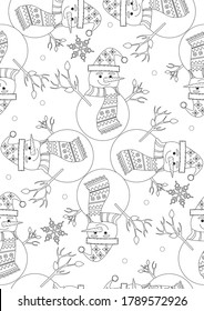 Coloring page or seamless pattern with snowmen in a scarf and hat as anti-stress therapy for adults. Outline or linear vector stock illustration with snowmen in winter for christmas