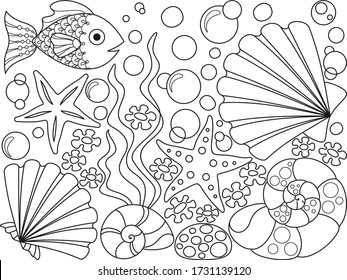 Coloring page with seashells, starfish, seaweed, bubbles and fish, black elements on a white background. Vector design template for kids coloring book. Entertainment and recreation for children