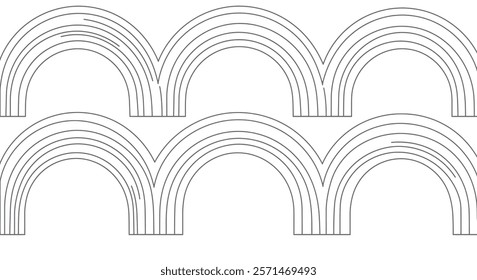 A coloring page with a series of concentric rainbow arches. Each arch should have wide, bold black outlines, leaving the spaces between them blank for coloring.