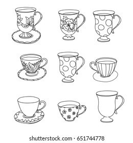 Coloring page set of cups. Hand drawn vector illustration. Sketch for adult relax coloring anti stress book. Zen art collection boho style.