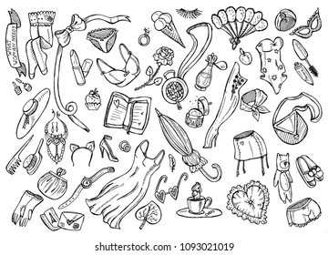 Coloring page with set of cute woman's things. Black and white hand drawn illustration, vector