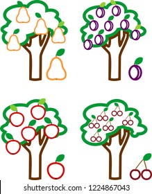 Coloring page. Set of different cartoon fruit trees