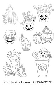 Coloring page Set Of Halloween Cartoons Showing Pumpkins And Sweets