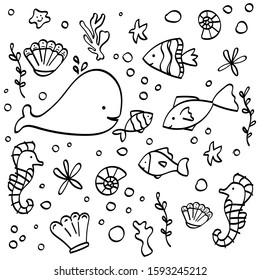 Coloring page. Set of hand drawn sea animals. Vector