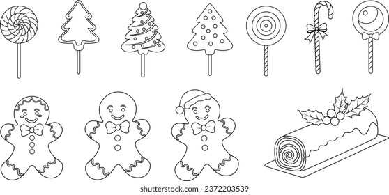 Coloring page set of hand drawn candy and gingerbread, cookies Christmas. Christmas colouring page