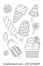 Página Para Colorear - Un Conjunto De Ilustraciones Con Helado Bellamente Decorado, Es Una Actividad Para Colorear Para Adultos Anti-Estrés