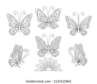 Coloring page with set of six butterflies for adult antistress coloring book, album, wall mural, art, tattoo. Black and white outline illustration.  eps 10