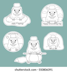 Coloring page - Set of stickers Happy Groundhog Day with cute groundhog in hat. In the hole and out of the hole. Hello Spring. Vector illustration.