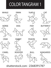 Coloring Page set of Tangram Animals. Education and Creativity. 