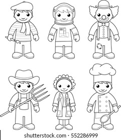 Coloring page: set of vector Illustrations. Black and white outline images of people representing different professions: painter (artist), astronaut, circus clown, farmer, doctor and cook