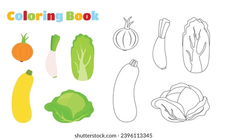 Coloring page. Set of vegetables cabbage, Chinese cabbage, zucchini, onion and leek.