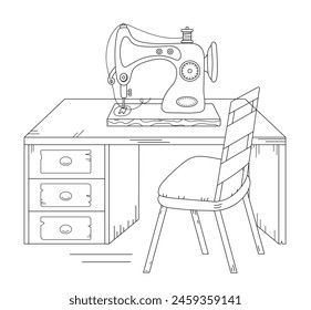 Coloring Page, Sewing Machine, Book On Table, Adult And Children'S Coloring Book