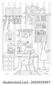 Coloring Page. A Sewing Workshop Coloring Book For Adults And Children