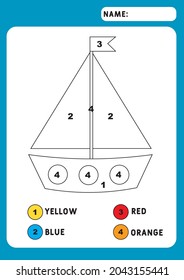 Coloring page with Ship. Color by numbers educational children game, drawing kids activity. transport  theme. Illustration and vector outline - A4 paper ready to print.