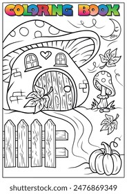 Coloring page showing a charming mushroom house with a fence, pumpkin, and stream.