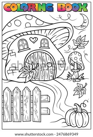 Coloring page showing a charming mushroom house with a fence, pumpkin, and stream.