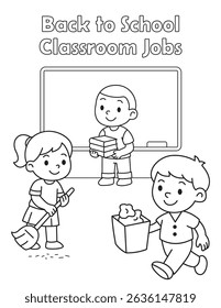 Coloring page showing kids doing classroom jobs like cleaning and helping. Great for school routines, behavior charts, or class roles.