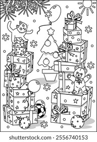 Coloring page, sign, poster, greeting card or banner with plenty of presents, cat and teddy bear. Christmas, New Year, winter holidays.
