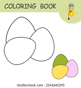 Coloring page with silhouette easter Eggs. Template of colorless and color samples animal Eggs on coloring page. Practice worksheet for kids. Happy Easter. Spring holiday. Design in cartoon style.