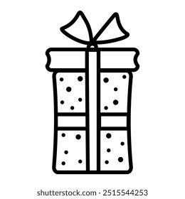 Coloring page of simple birthday gift box with a ribbon and polka dots. Christmas gift black and white vector illustration isolated on white background.