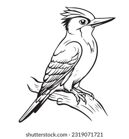 Coloring page simple black and white cute woodpecker vector design
