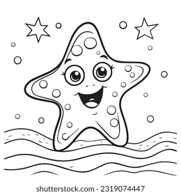 Coloring page simple black and white cute starfish
