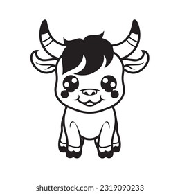 Coloring page simple black and white cute ox vector design