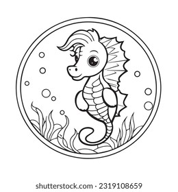 Página de color simple diseño de vector de caballito de mar blanco y negro