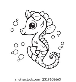 Coloring page simple black and white cute seahorse vector design