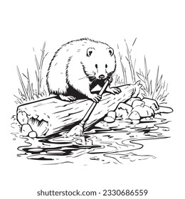 coloring page simple black and white A beaver