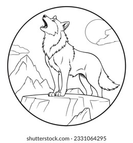 coloring page simple black and white A wolf howling