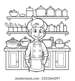 coloring page simple black and white Chef in a kitchen  