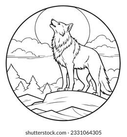 coloring page simple black and white A wolf howling